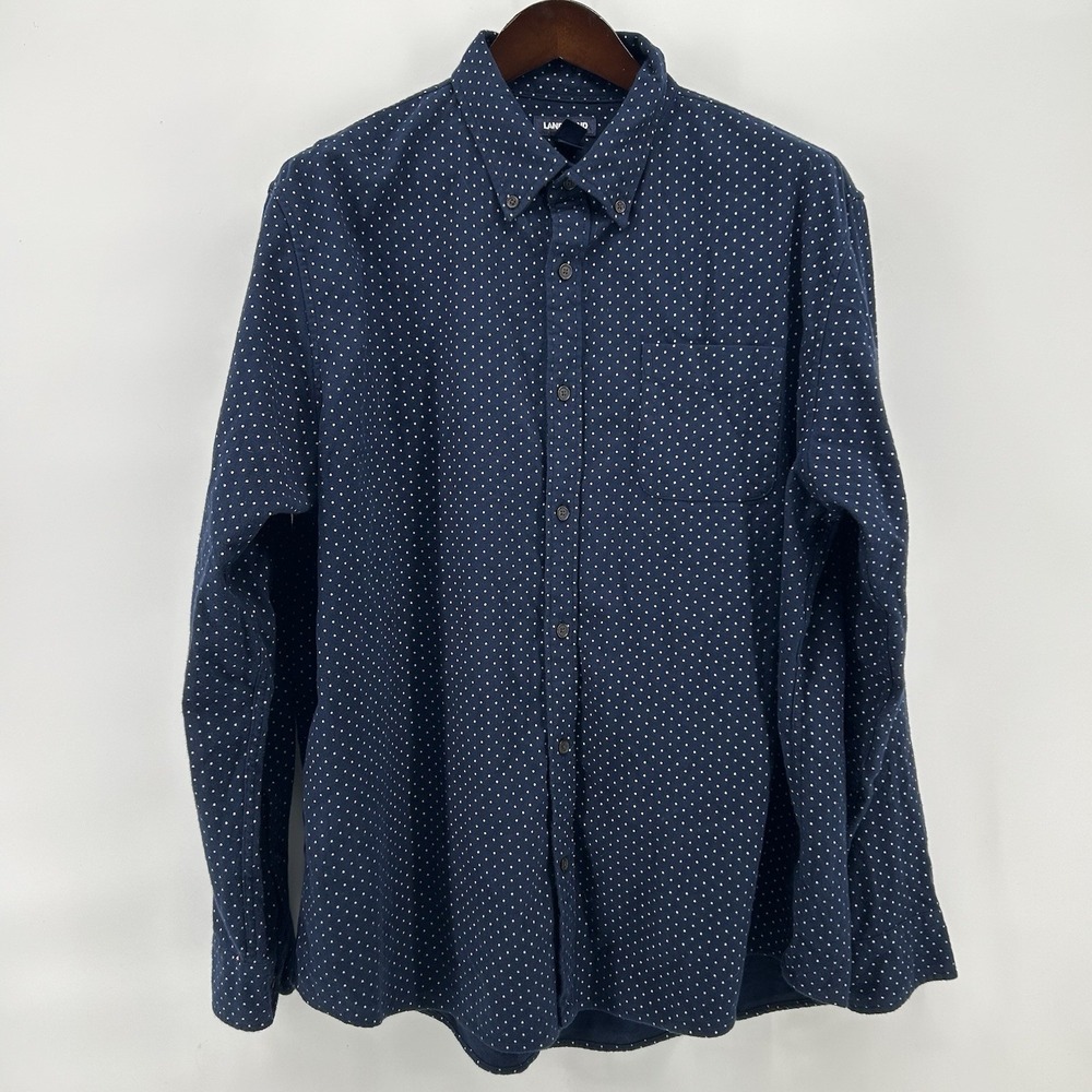 Lands End Shirt Mens XL Navy White Polka Dot Button Down Flannel Lined Coastal‎